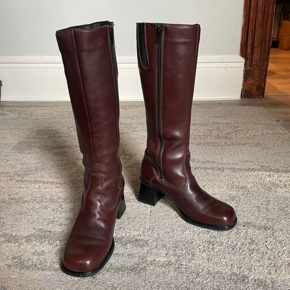 Womens LaCanadienne Brown Leather Square Toe Block Heel Boots 7.5M